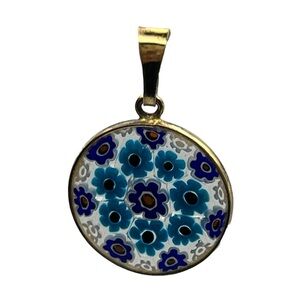 Murano Millefiori art glass blue Flowers pendant for necklace gold over sterling
